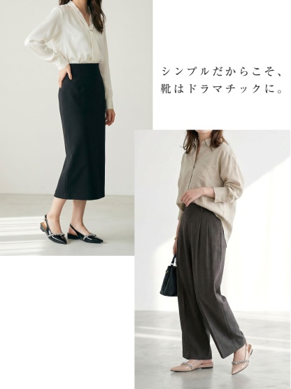 KENPOGEN バッグストラップミュール フラットシューズ 3cmUP ポインテッドトゥ ビジュー 痛くない