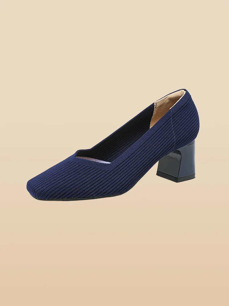 KENPOGEN ニットパンプス スクエアトゥシューズ 6cmUP チャンキーヒール Vカット 柔らかい 通勤
