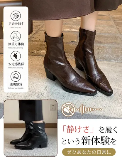 KENPOGEN ストレッチブーツ 羊革 6.5cmUP ポインテッドトゥ バックファスナー付き 伸縮性 柔らかい 美脚 細見え