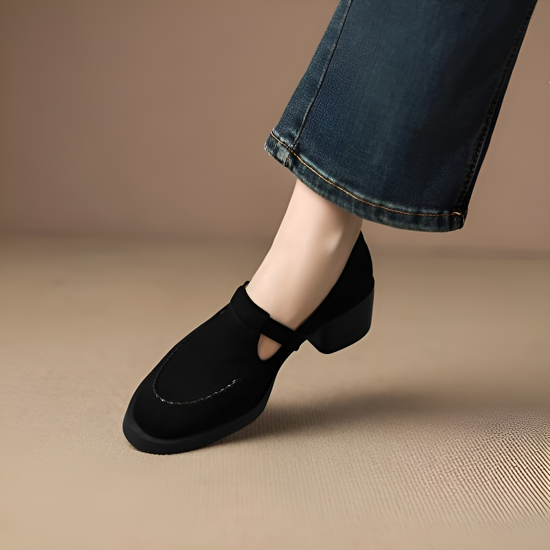 Tストラップ チャンキーヒール美脚羊革パンプス