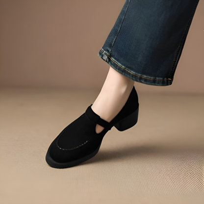 Tストラップ チャンキーヒール美脚羊革パンプス