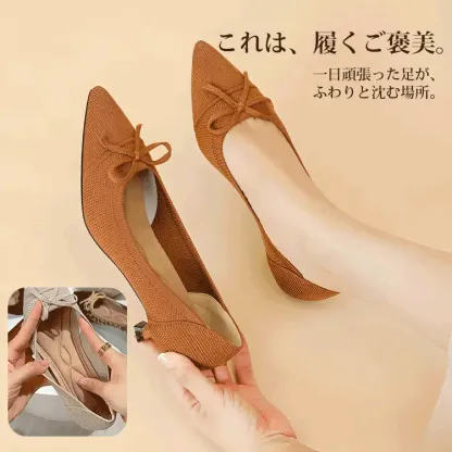 KENPOGEN ニットパンプス ポインテッドトゥシューズ 4cmピンヒール リボン 疲れにくい 仕事用