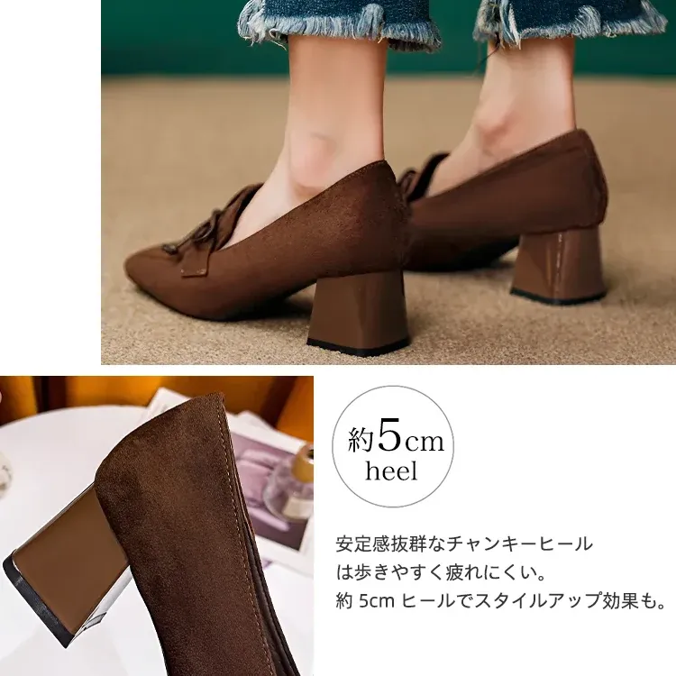 KENPOGEN スクエアトゥパンプス リボンモチーフ チャンキーヒール 5cm 痛くない 歩きやすい ビジネス フォーマル