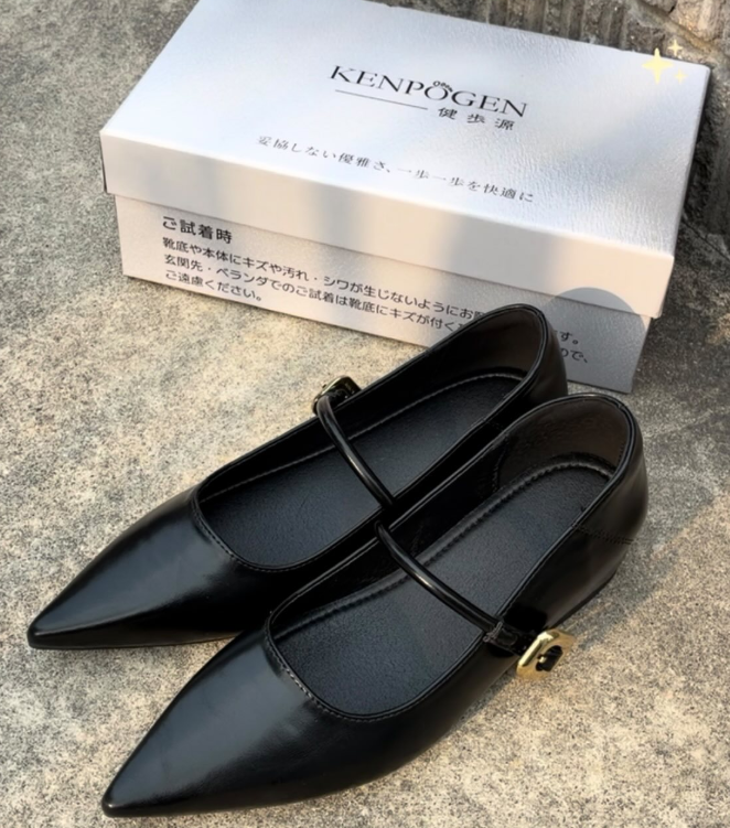 黒のレディースローファーとシューズボックス。保管前のお手入れと収納を紹介するイメージ