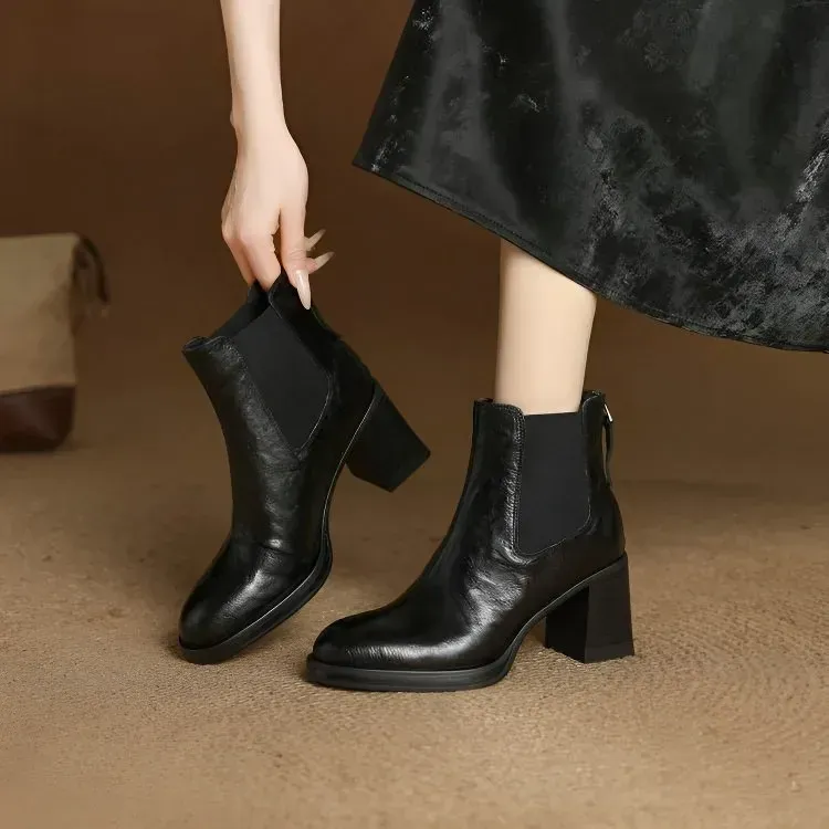 KENPOGEN ショートブーツ 羊革 7.5cmチャンキーヒール バッグファスナー 歩きやすい 履きやすい 通勤 お出かけ