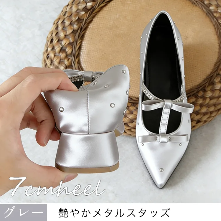 KENPOGEN ポインテッドトゥ パンプス Tストラップ シューズ インヒール5cm/7cmUP ダブルリボン 疲れない 歩きやすい