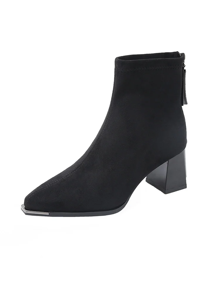 KENPOGEN ショートブーツ スエード調 6.5cmチャンキーヒール バックジッパー 履き脱ぎしやすい 美脚効果 通勤 秋冬