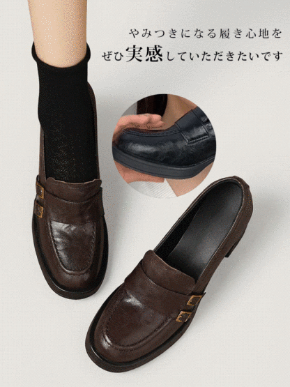 【安定感抜群・走れる太ヒール】KENPOGEN ダブルバックル ローファー 5cm 7.5cm 選べる高さ 痛くない 通勤 黒 スクエアトゥ