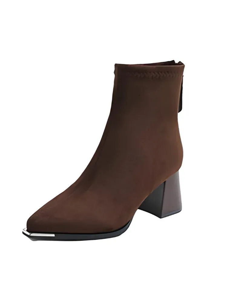 KENPOGEN ショートブーツ スエード調 6.5cmチャンキーヒール バックジッパー 履き脱ぎしやすい 美脚効果 通勤 秋冬