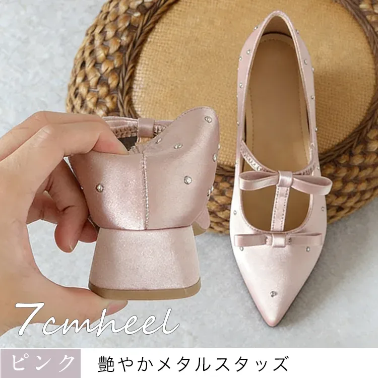 KENPOGEN ポインテッドトゥ パンプス Tストラップ シューズ インヒール5cm/7cmUP ダブルリボン 疲れない 歩きやすい