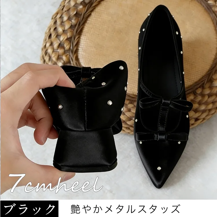 KENPOGEN ポインテッドトゥ パンプス Tストラップ シューズ インヒール5cm/7cmUP ダブルリボン 疲れない 歩きやすい