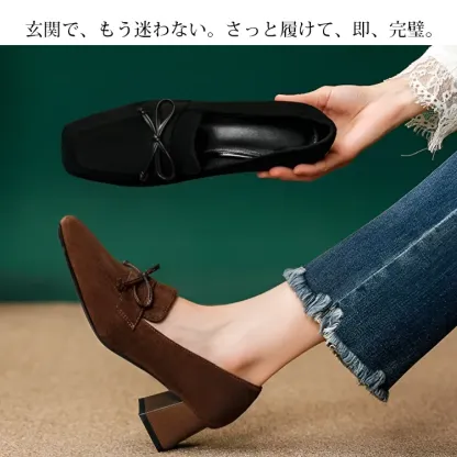 KENPOGEN スクエアトゥパンプス リボンモチーフ チャンキーヒール 5cm 痛くない 歩きやすい ビジネス フォーマル