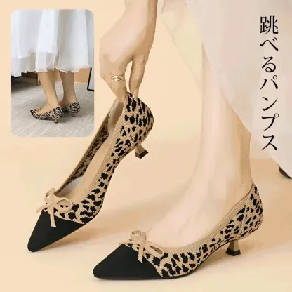 KENPOGEN ニットパンプス ポインテッドトゥシューズ 4cmピンヒール リボン 疲れにくい 仕事用