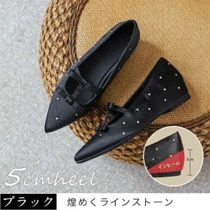 KENPOGEN ポインテッドトゥ パンプス Tストラップ シューズ インヒール5cm/7cmUP ダブルリボン 疲れない 歩きやすい