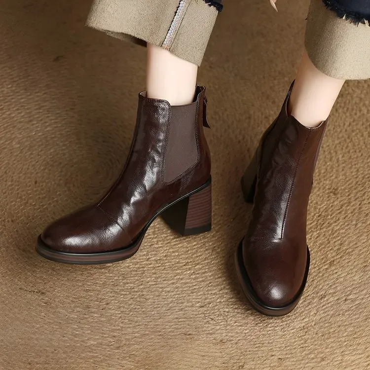 KENPOGEN ショートブーツ 羊革 7.5cmチャンキーヒール バッグファスナー 歩きやすい 履きやすい 通勤 お出かけ