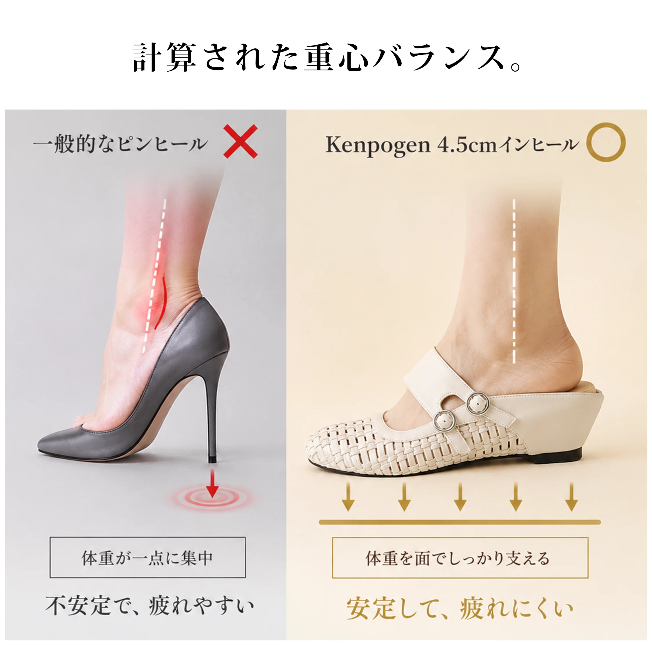 疲れにくい本革ミュールサンダル レディース 4.5cmインヒール 重心バランス設計
