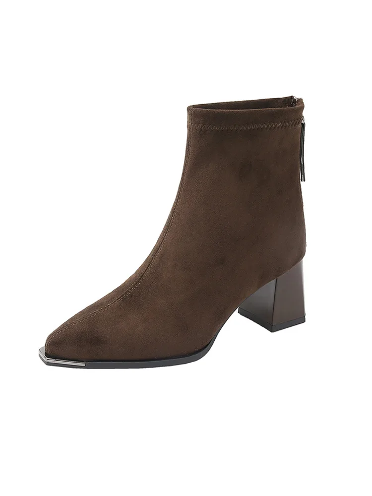 KENPOGEN ショートブーツ スエード調 6.5cmチャンキーヒール バックジッパー 履き脱ぎしやすい 美脚効果 通勤 秋冬