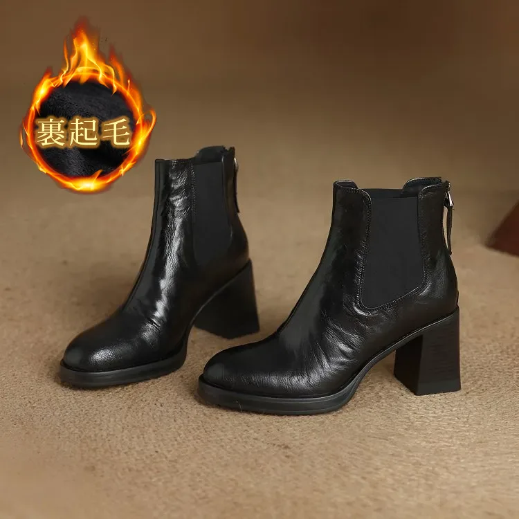 KENPOGEN ショートブーツ 羊革 7.5cmチャンキーヒール バッグファスナー 歩きやすい 履きやすい 通勤 お出かけ