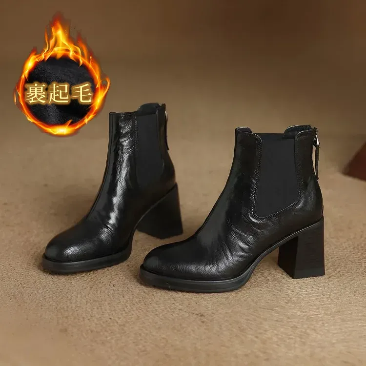 KENPOGEN ショートブーツ 羊革 7.5cmチャンキーヒール バッグファスナー 歩きやすい 履きやすい 通勤 お出かけ