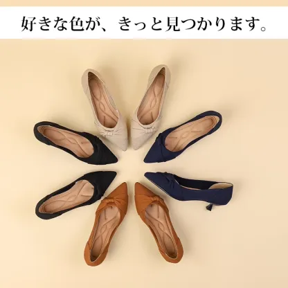 KENPOGEN ニットパンプス ピンヒールパンプス ポインテッドトゥ 4cmUP リボン付き 歩きやすい