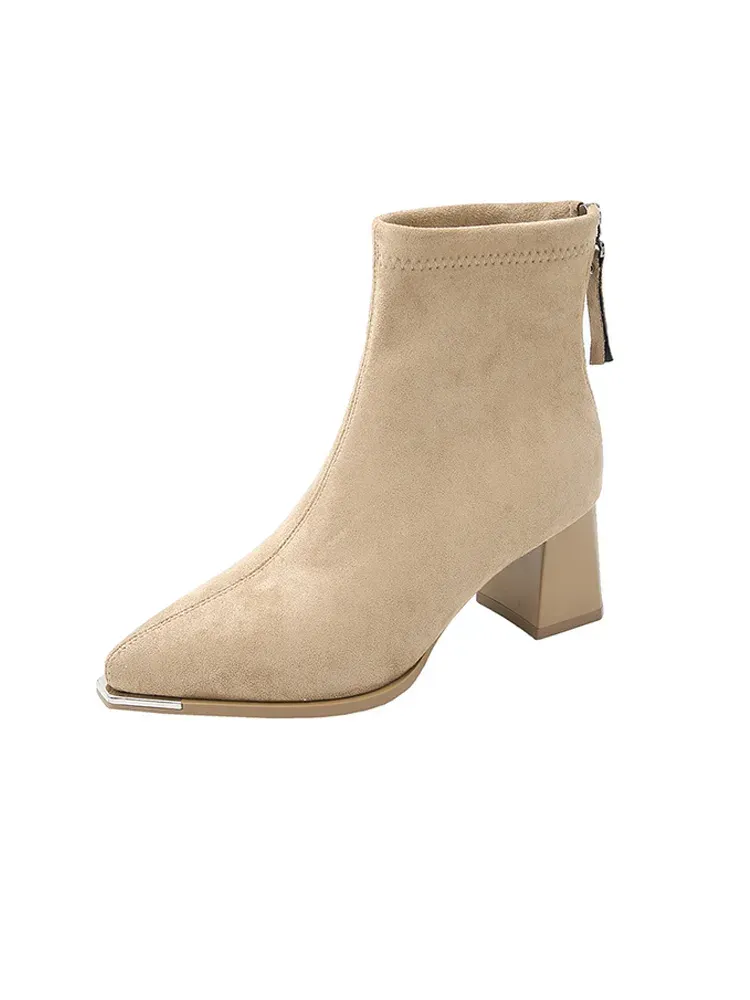 KENPOGEN ショートブーツ スエード調 6.5cmチャンキーヒール バックジッパー 履き脱ぎしやすい 美脚効果 通勤 秋冬