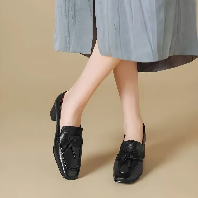 KENPOGEN ローファー スクエアトゥシューズ 羊革 手作り リボン 5cmUP 柔らかい 通勤 オフィス