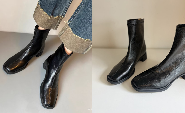指先が痛くなりにくいスクエアトゥと安定感のあるチャンキーヒール黒ショートブーツ