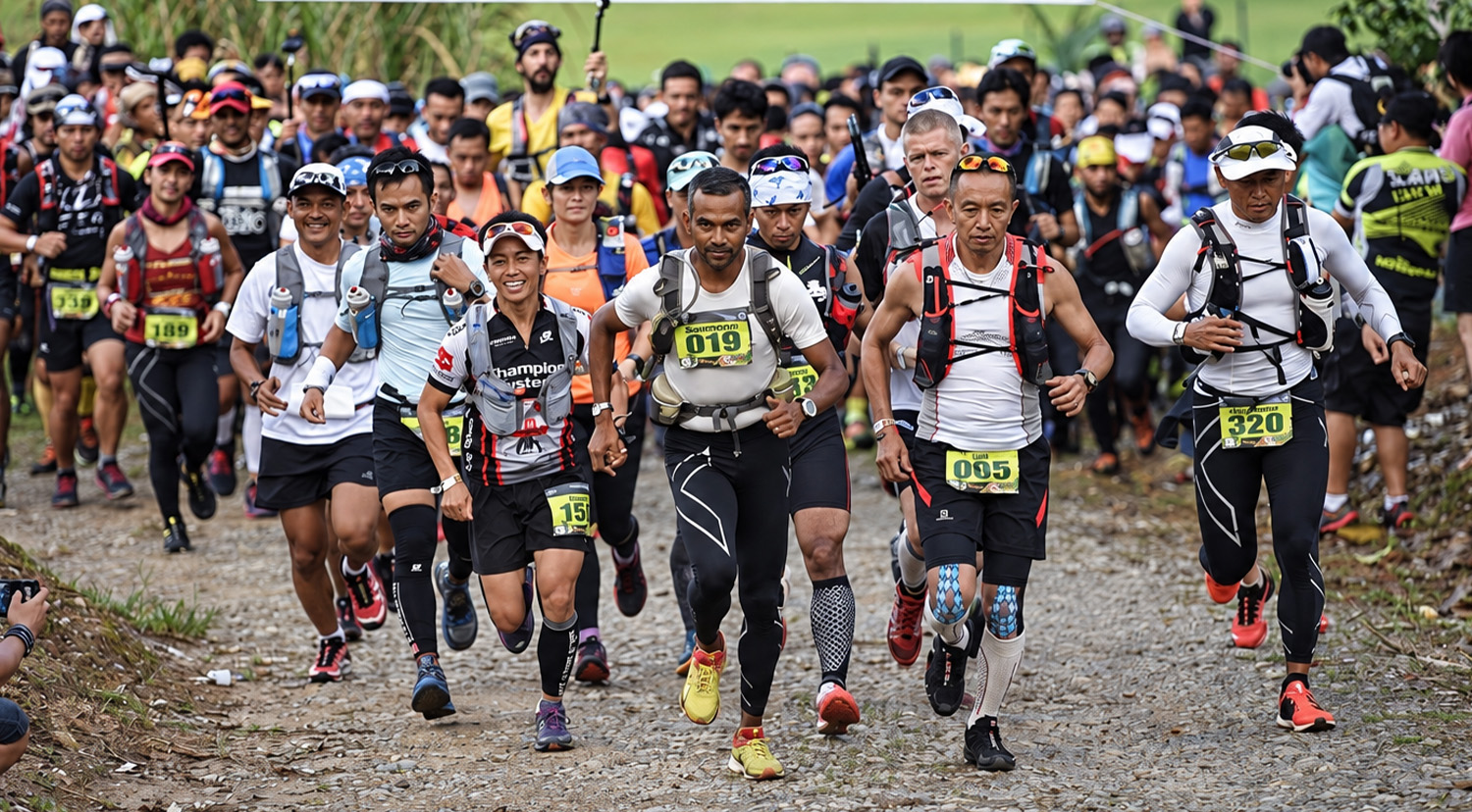 Two trail runners wearing Salomon hydration vests on a mountain trail