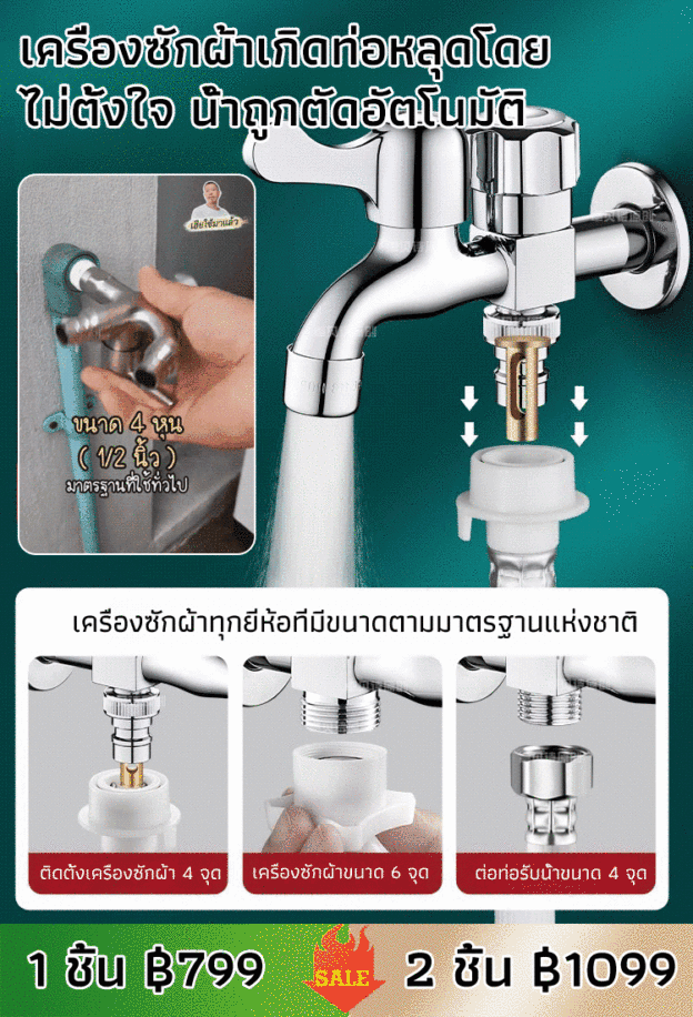 【ทางเข้าหนึ่งทางออกสอง】ก๊อกน้ำเครื่องซักผ้าอเนกประสงค์สแตนเลส 304