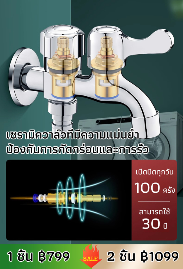【ทางเข้าหนึ่งทางออกสอง】ก๊อกน้ำเครื่องซักผ้าอเนกประสงค์สแตนเลส 304