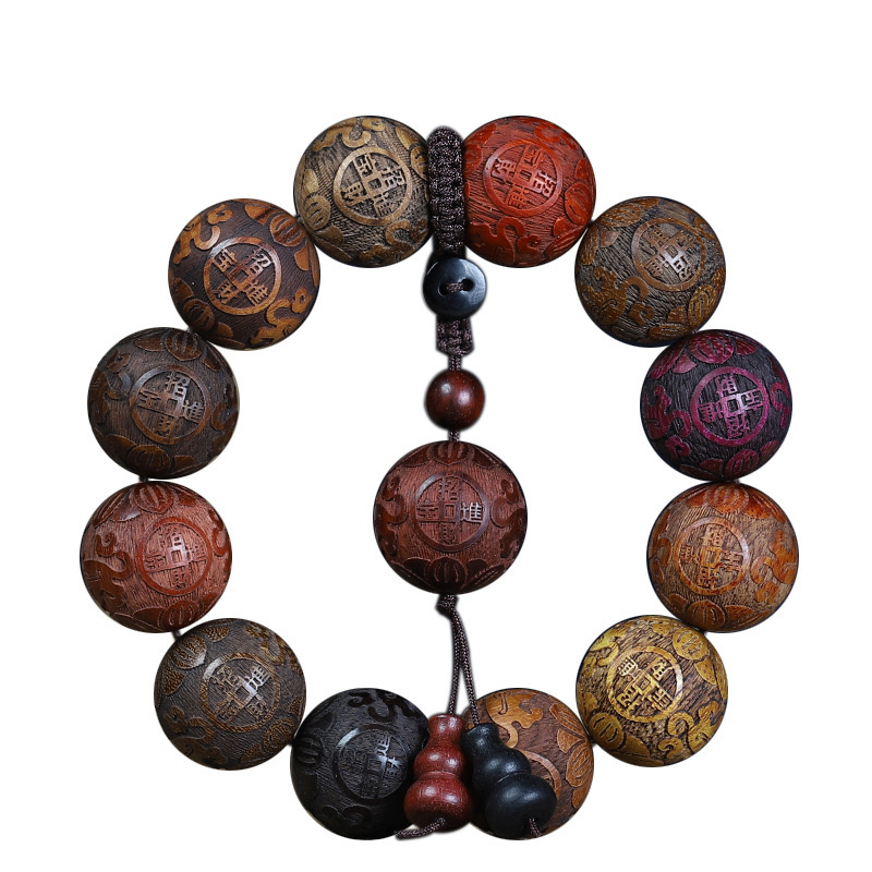 Sandalwood Bead Bracelet Carved with "招财进宝" (Attract Wealth) - Unisex Red Wood Buddhist Mala, Handmade for Luck & Prosperity