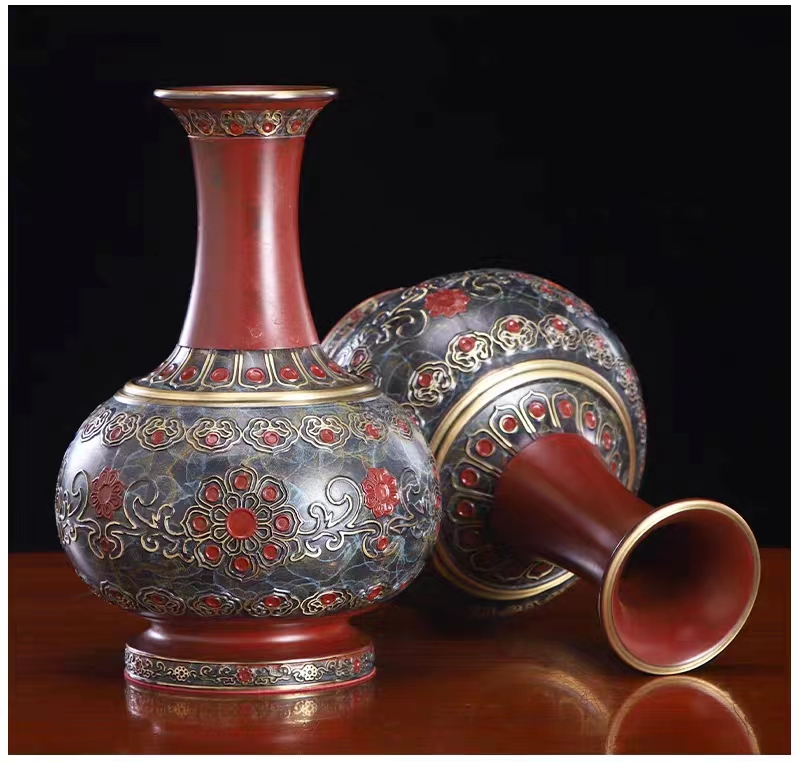 Copper Cloisonné Vase & Fruit Tray - Premium Brass Handcrafted Decor, Symbolizes Family Harmony & Career Success