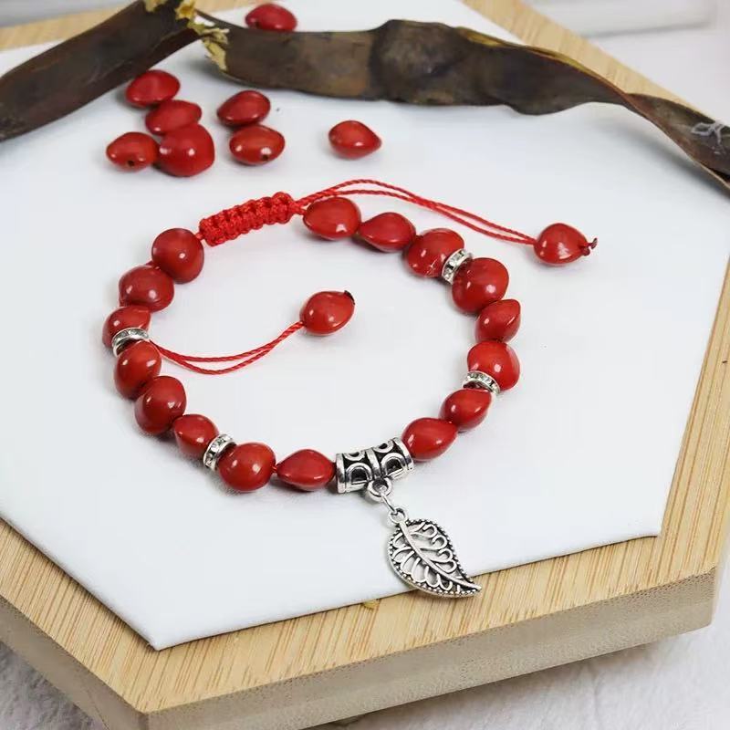 Hong Dou & Silver Leaf Bracelet – Love & Luck, Handmade Tibetan Silver