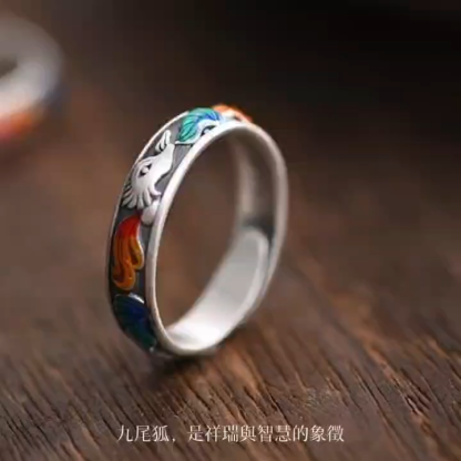 琺瑯復古九尾狐足銀戒指 - 美麗與智慧的象徵