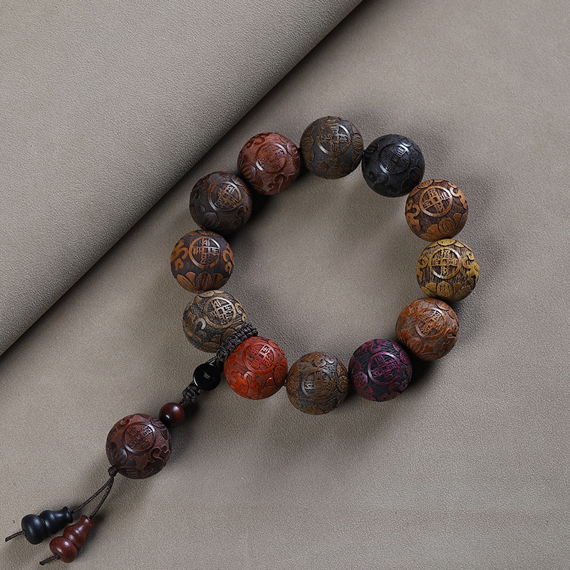 Sandalwood Bead Bracelet Carved with "招财进宝" (Attract Wealth) - Unisex Red Wood Buddhist Mala, Handmade for Luck & Prosperity