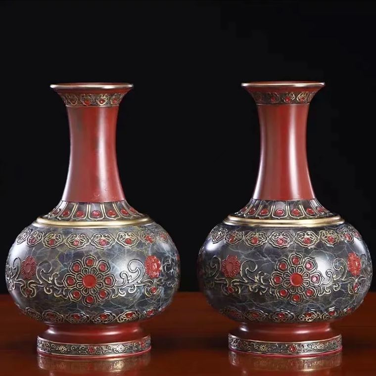 Copper Cloisonné Vase & Fruit Tray - Premium Brass Handcrafted Decor, Symbolizes Family Harmony & Career Success