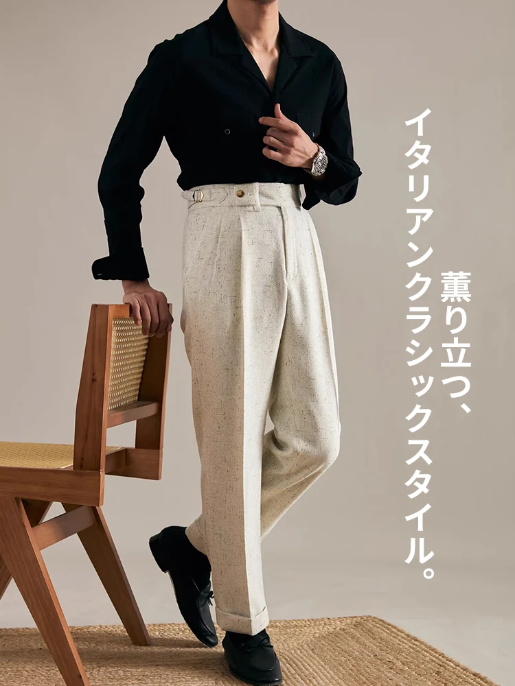 LYNSIL スラックス メンズ 麻調 ツータック ソフト肌触り ウエイト調節