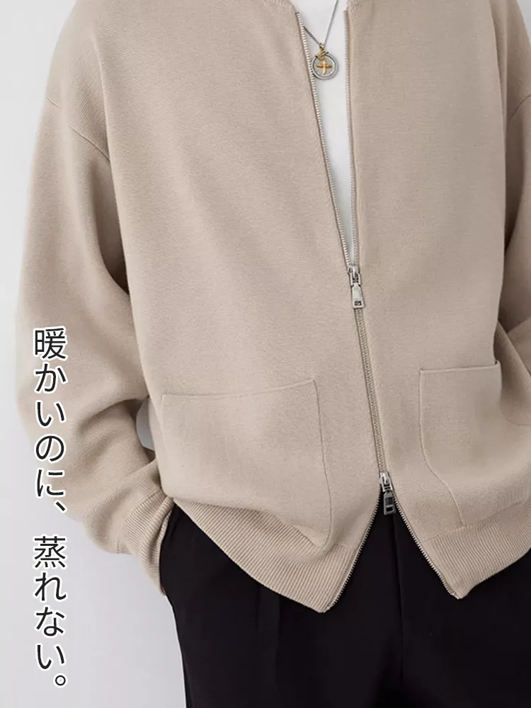 LYNSIL ニットブルゾン メンズ ダブルジップ 質感 暖かさ 通気性 保温