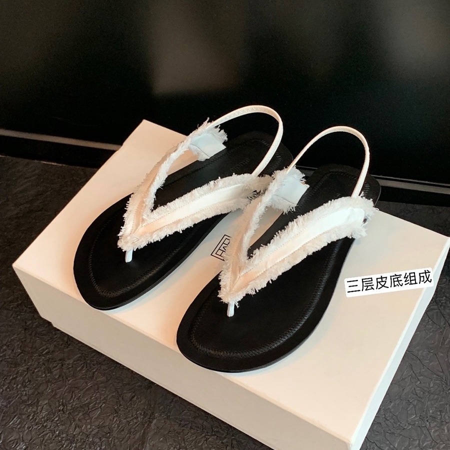 现货秒发！葡萄妈同款鞋时尚真丝毛边平底夹趾真皮软底凉鞋女外穿