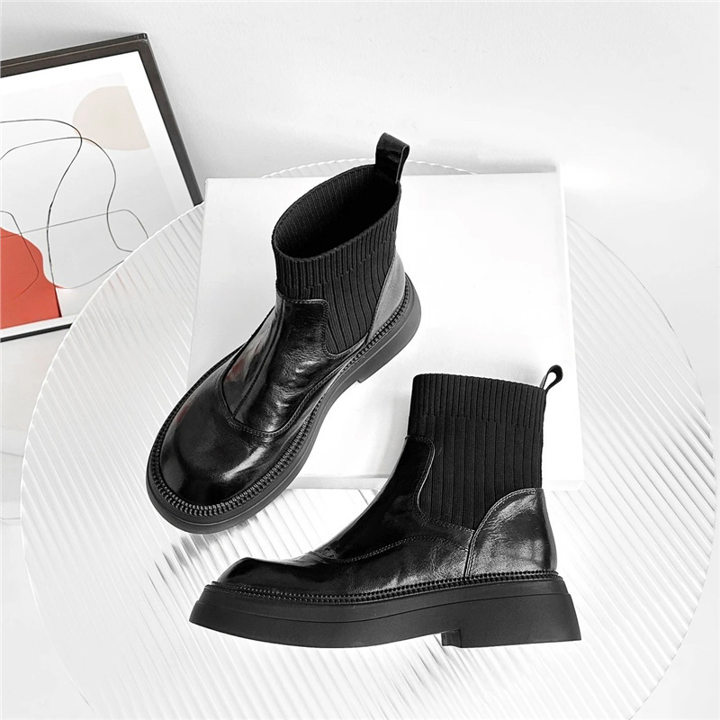 時尚簡約款 小个子4cm/软皮厚底增高短靴女秋冬新款弹力袜靴百搭瘦瘦马丁女靴