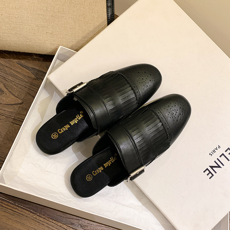 雕花流苏包头穆勒半拖鞋女外穿春夏复古一脚蹬懒人小皮鞋平底