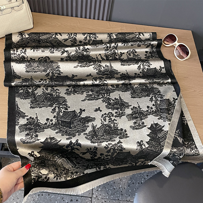 秋冬新款双面羊绒古风植物山林素雅加厚保暖丝巾空调房护颈披肩