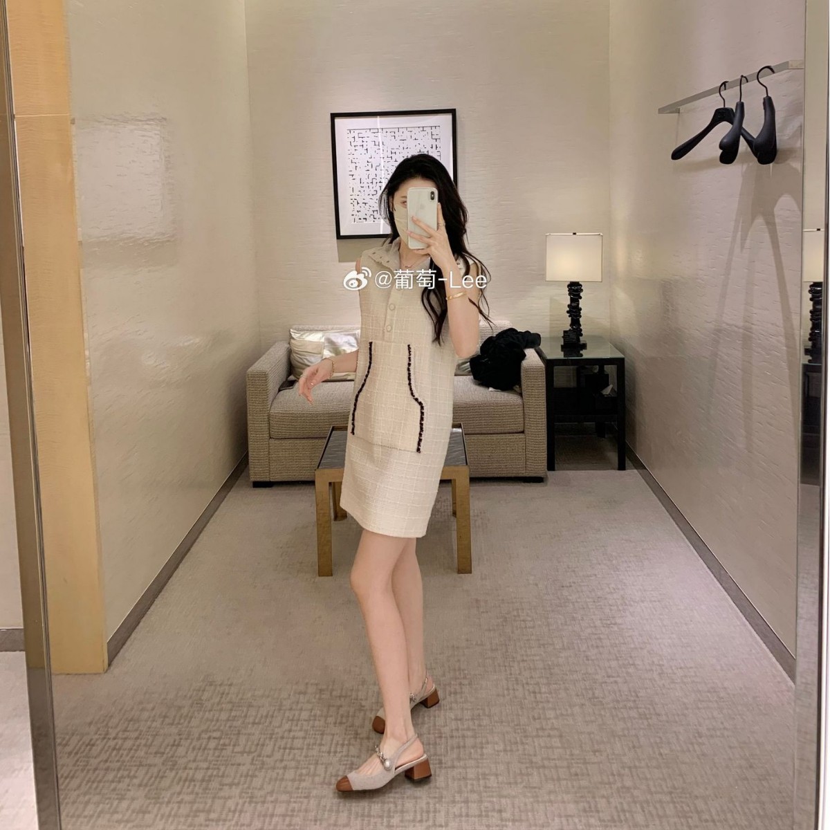 葡萄妈studiolee 加州风情~圆头拼接珍珠一字带粗跟后空玛丽珍凉鞋