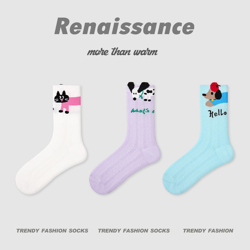 长条立体小狗动物中筒袜少女条纹拼色网眼透气女袜子