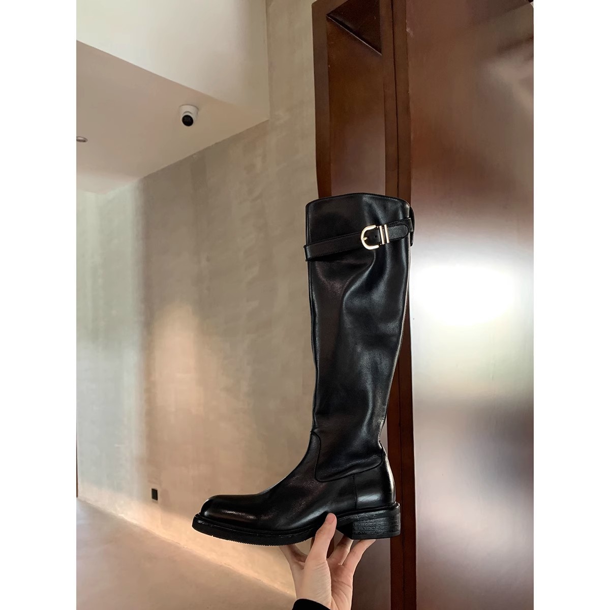 PANDA EYES葡萄妈同款鞋水洗马皮圆头粗跟厚底增高腿直长筒骑士靴