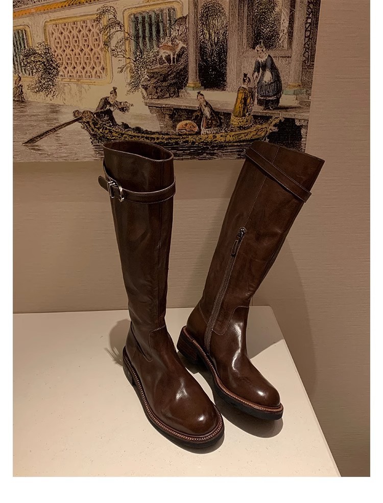 PANDA EYES葡萄妈同款鞋水洗马皮圆头粗跟厚底增高腿直长筒骑士靴