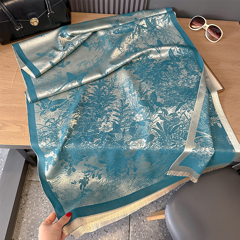 秋冬双面羊绒水墨蝴蝶飞舞素雅加厚保暖丝巾空调房护颈披肩外搭