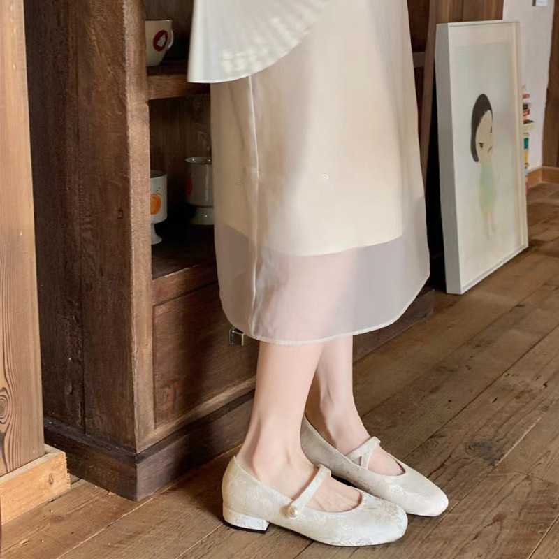 葡萄妈晚香玉~国风新中式珍珠一字带方头提花玛丽珍单鞋中跟女鞋