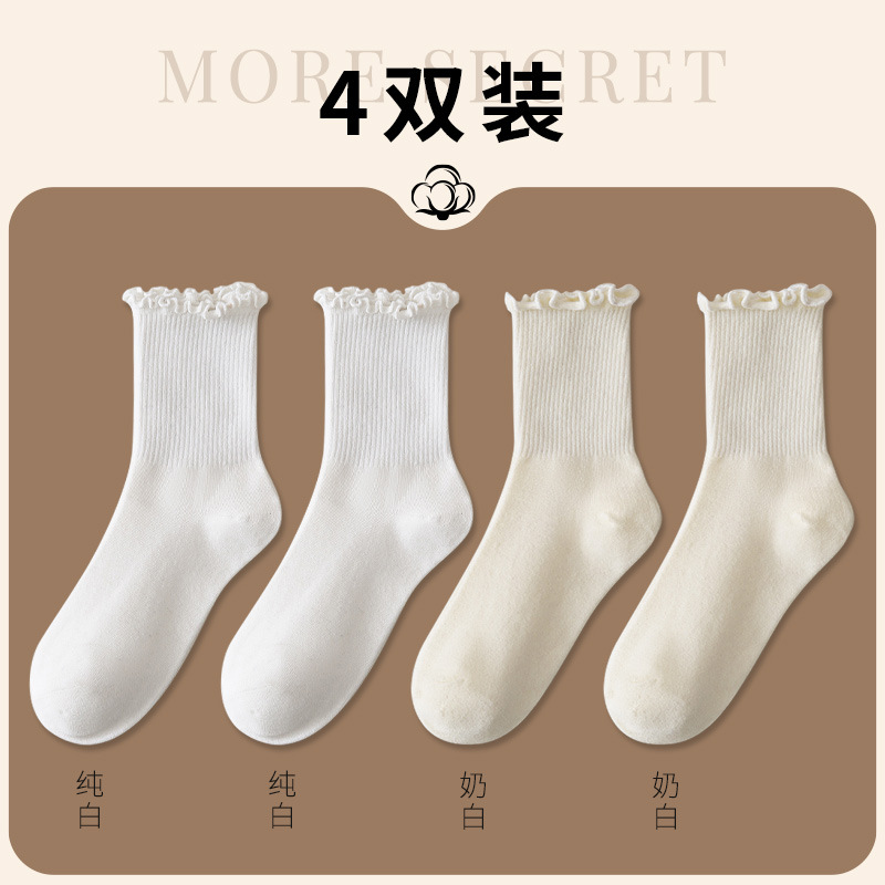 白色木耳边堆堆袜春秋薄款日系jk袜子女洛丽塔玛丽珍鞋花边中筒袜