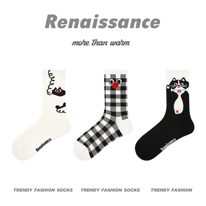 原创女袜春夏季柿柿甜猫中筒袜花边无骨精梳棉袜子女